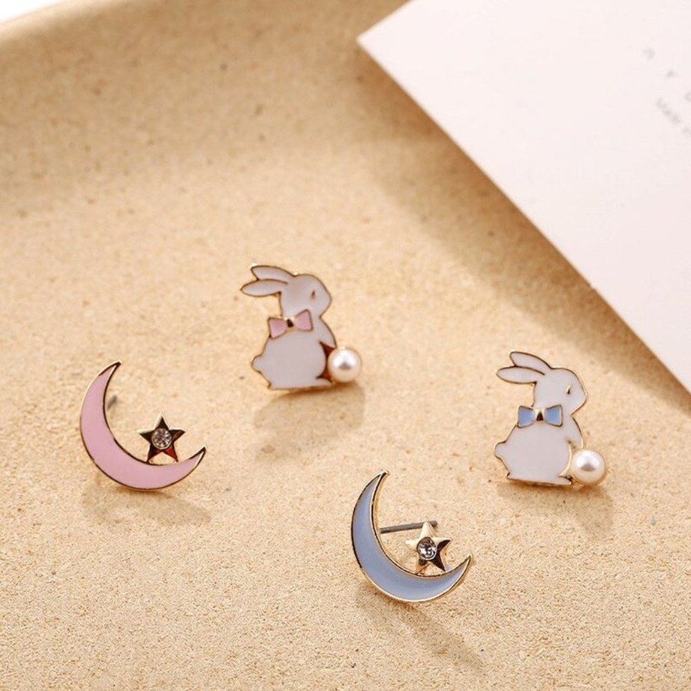 Sweet Moon Rabbit Earrings - Blue - Picture 3 of 9